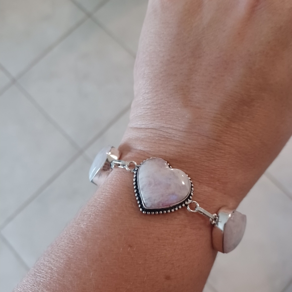 Rainbow Moonstone Silver Link Heart Adjustable Bracelet - Picture 6 of 11